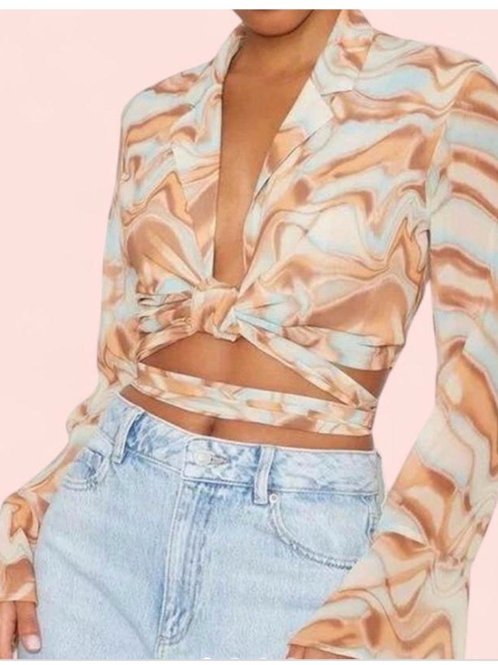 Dynamite Marble-Print Satin Wrap Crop Top in Beige & Light Blue